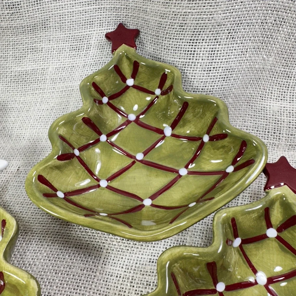 Pottery‎ Barn Seasons Greetings Christmas Tree Bon Bon Bowls Set of 4 Green